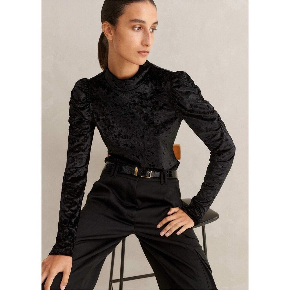 ME+EM Crushed Stretch Velvet Top Black Ruched Sleeve High Neck Blouse Size 12